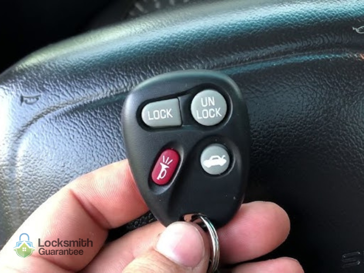 Hand holding car key fob with lock and unlock buttons.