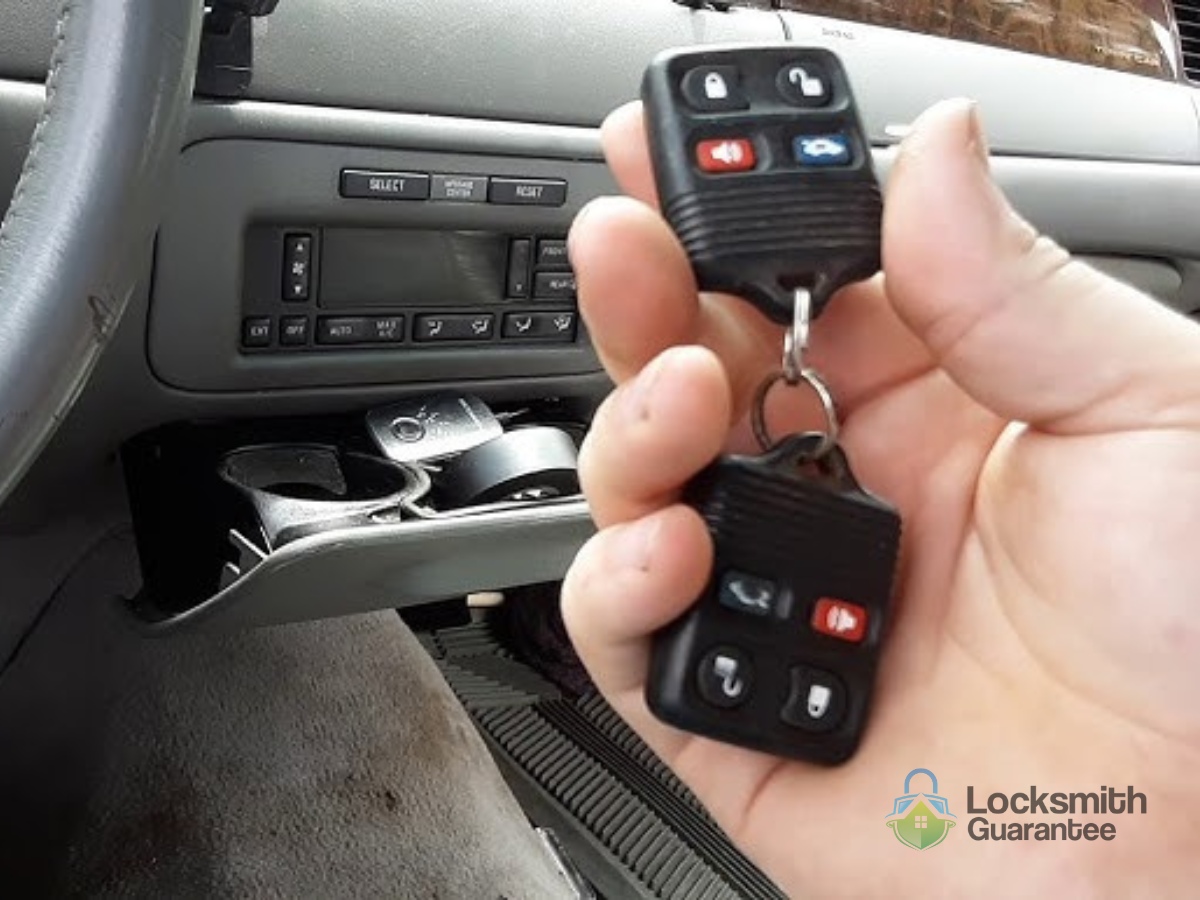 Hand holding car key fobs inside a vehicle.