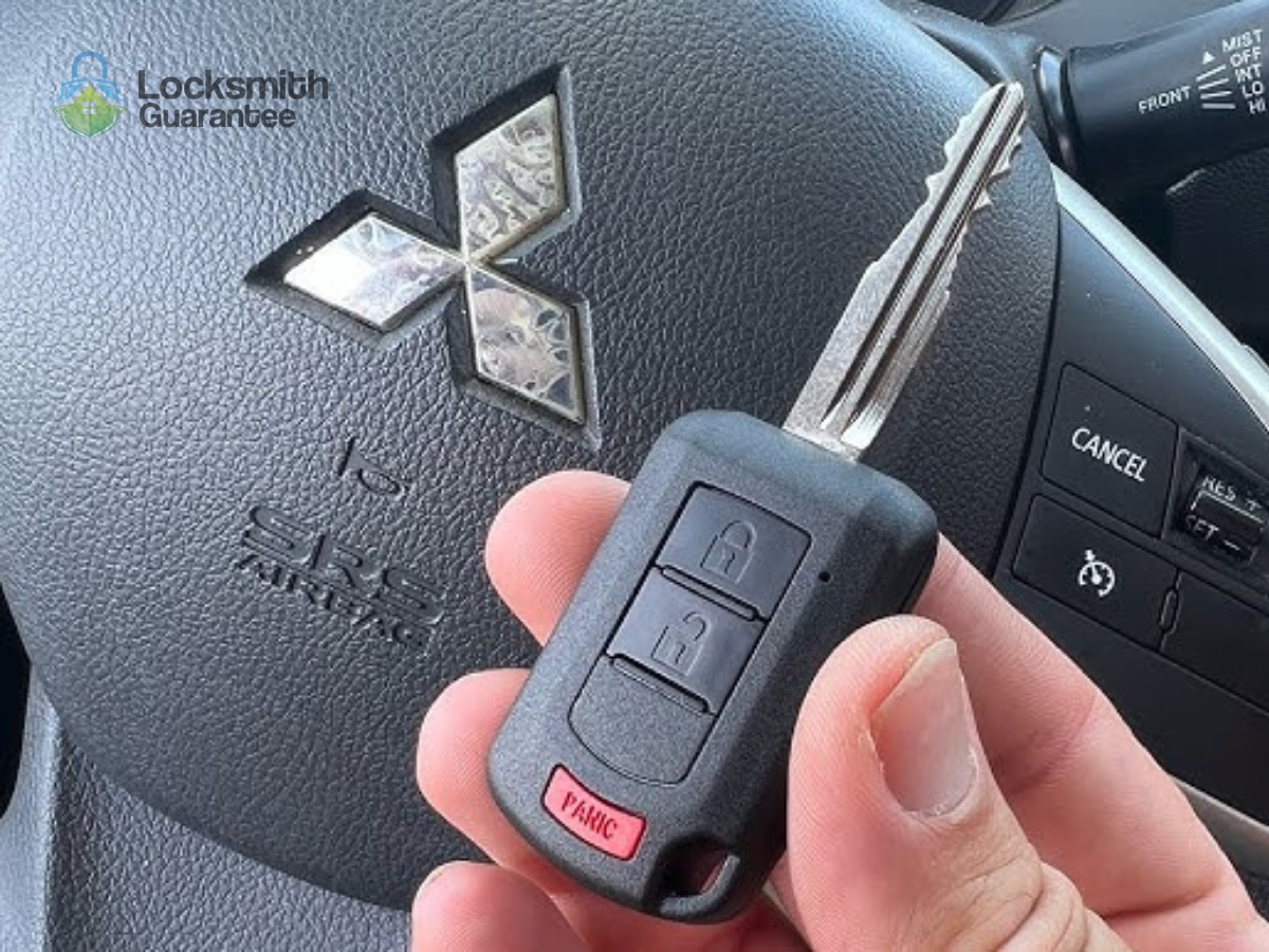 Hand holding car key fob in front of steering wheel.