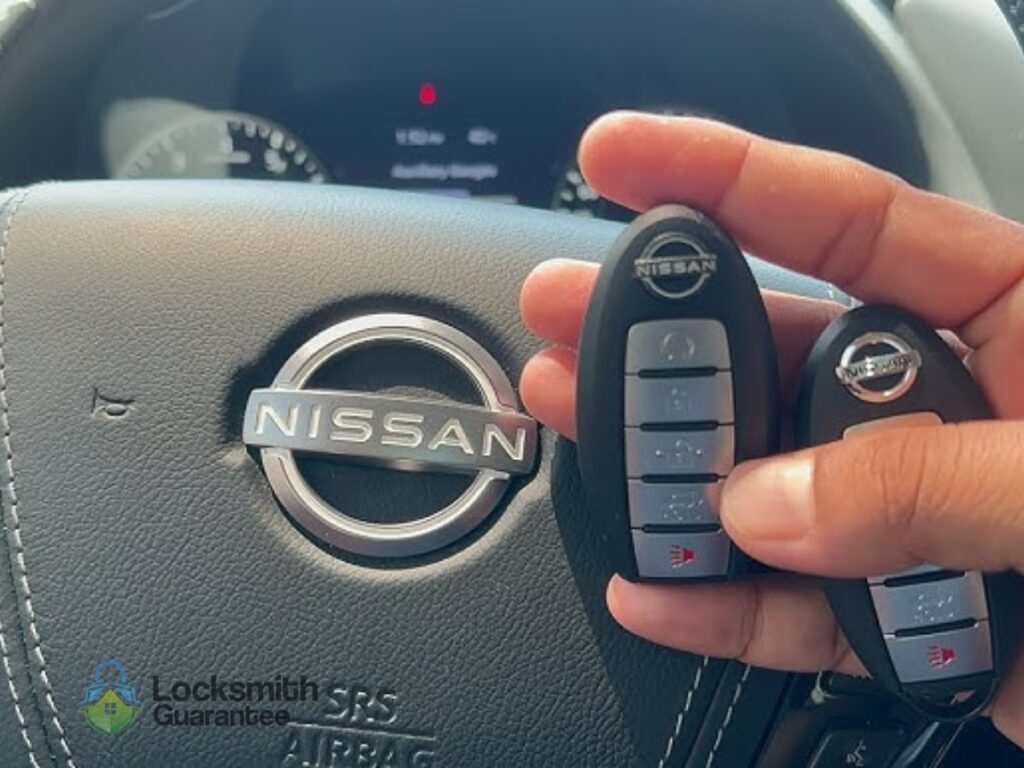 Hand holding Nissan key fobs near steering wheel.