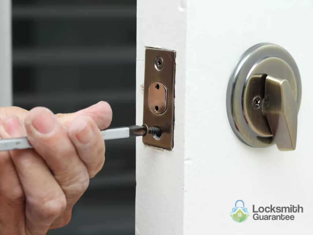 Hand using screwdriver to repair a door lock mechanism.