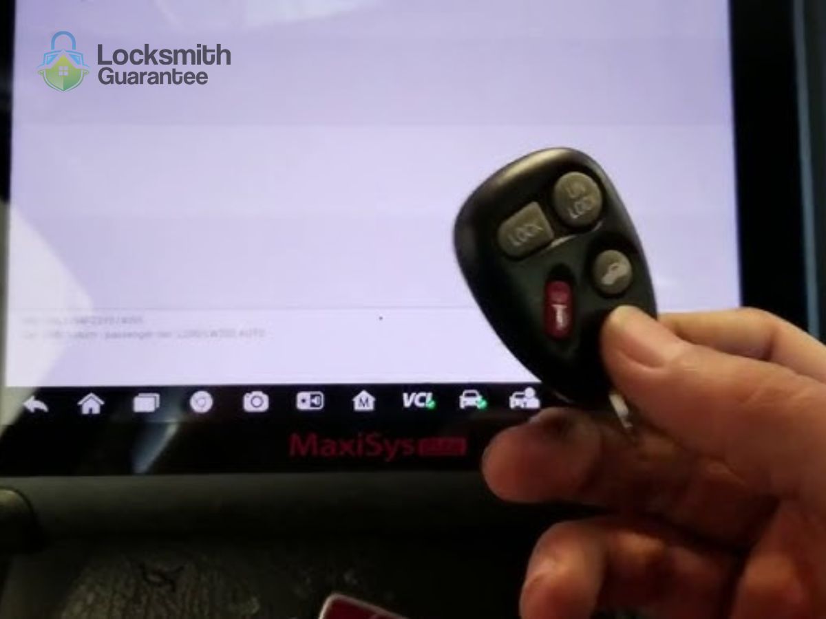 Hand holding car key fob in front of diagnostic screen.