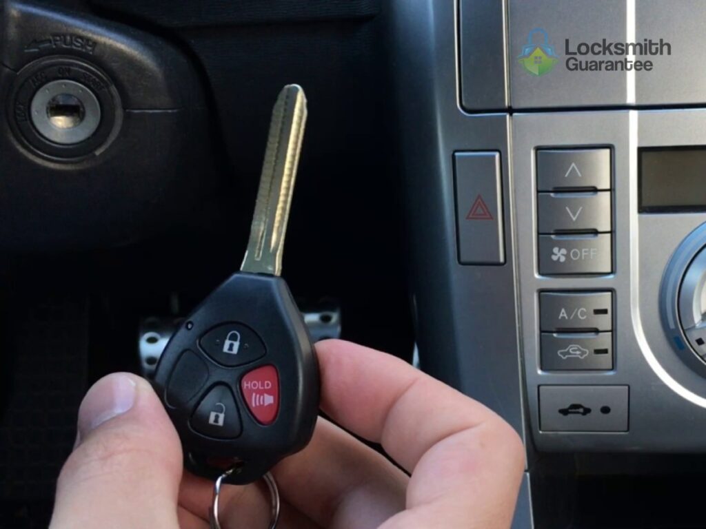 Hand holding car key fob near vehicle ignition and dashboard controls.