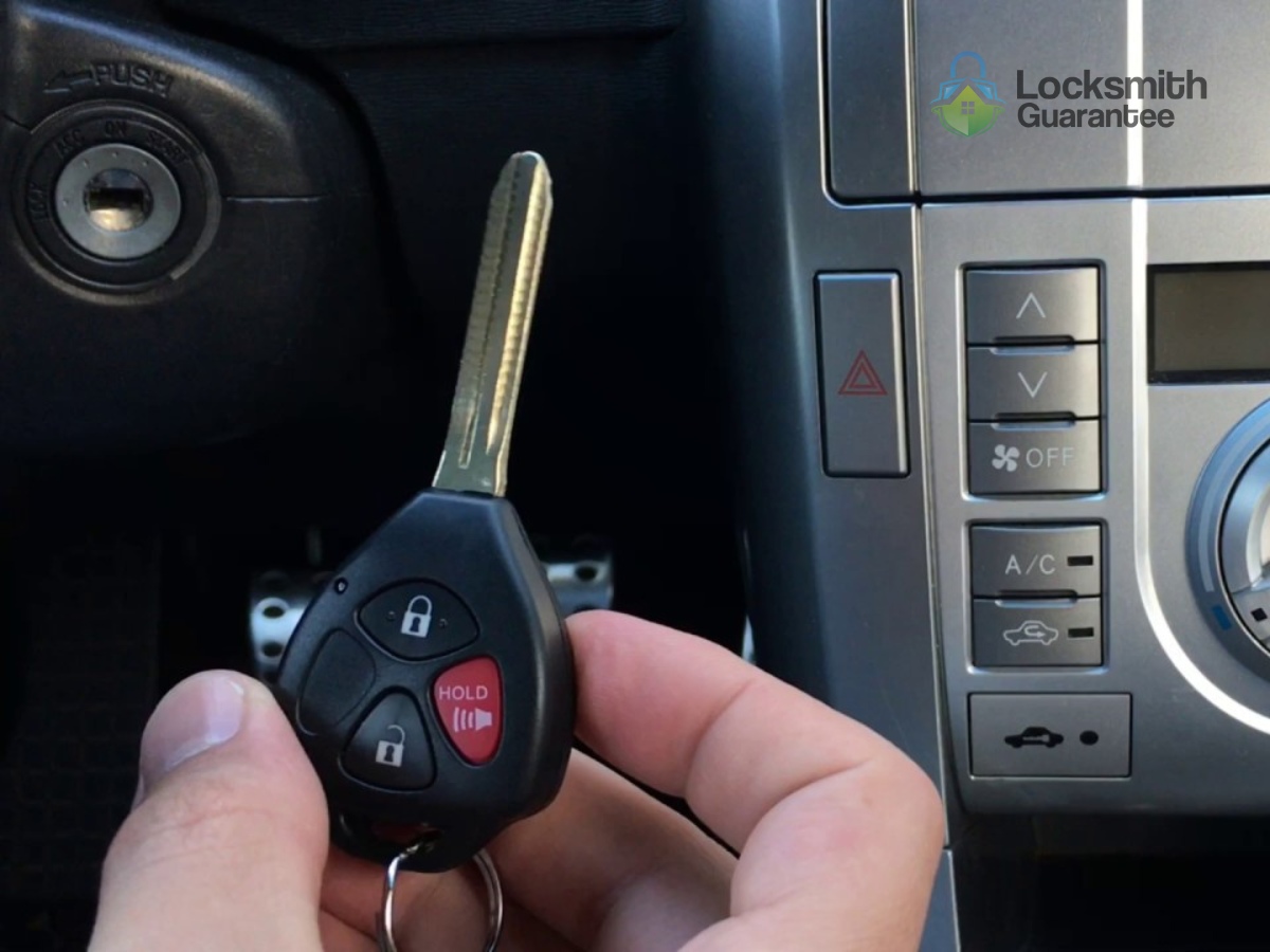 Hand holding car key fob near vehicle ignition and dashboard controls.