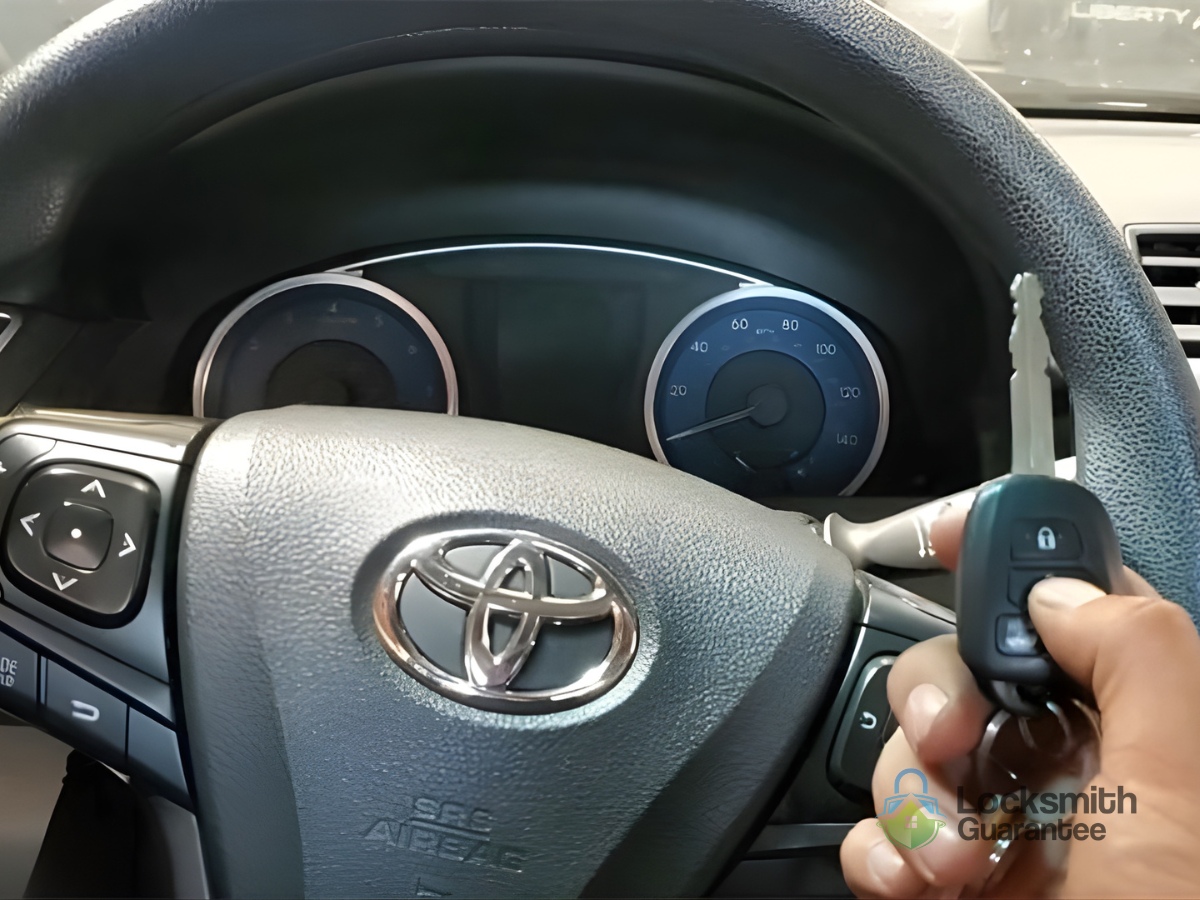 Hand holding car key fob near steering wheel inside vehicle.